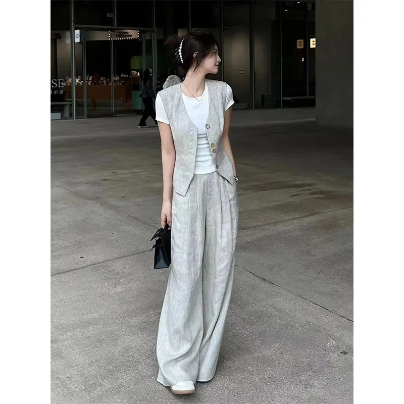 盐系轻熟高级流行小香风浅灰色马甲长裤两件套装夏季新款2025套装
