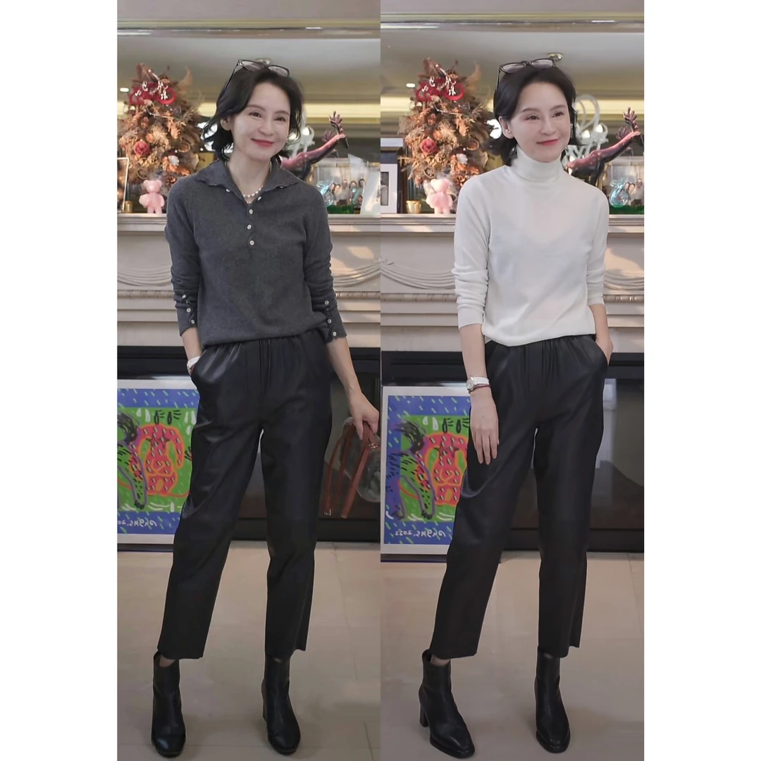 我是摩羯 黑骑士 土耳其进口绵羊皮复合弹力松紧腰时尚百搭皮裤