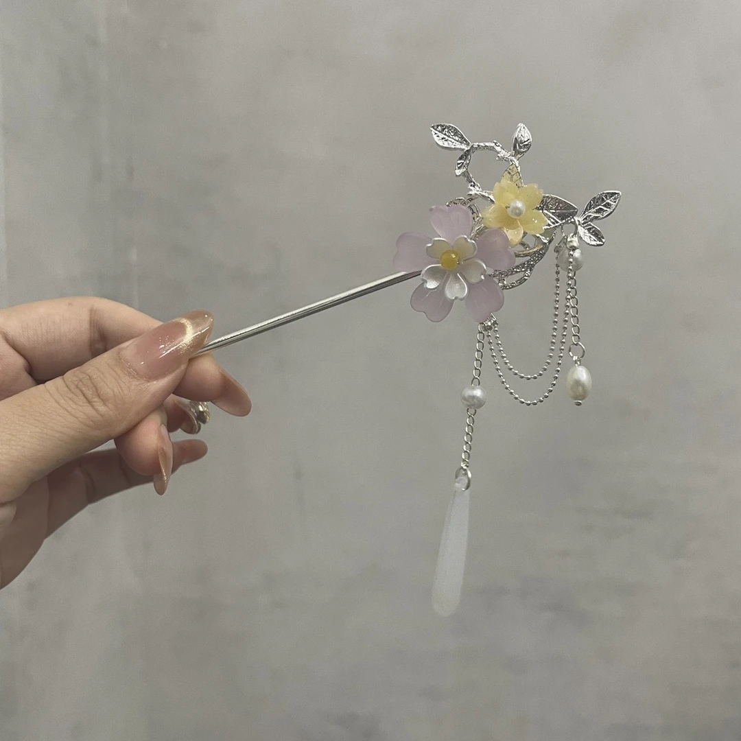 古风汉服配饰粉塑料花发簪