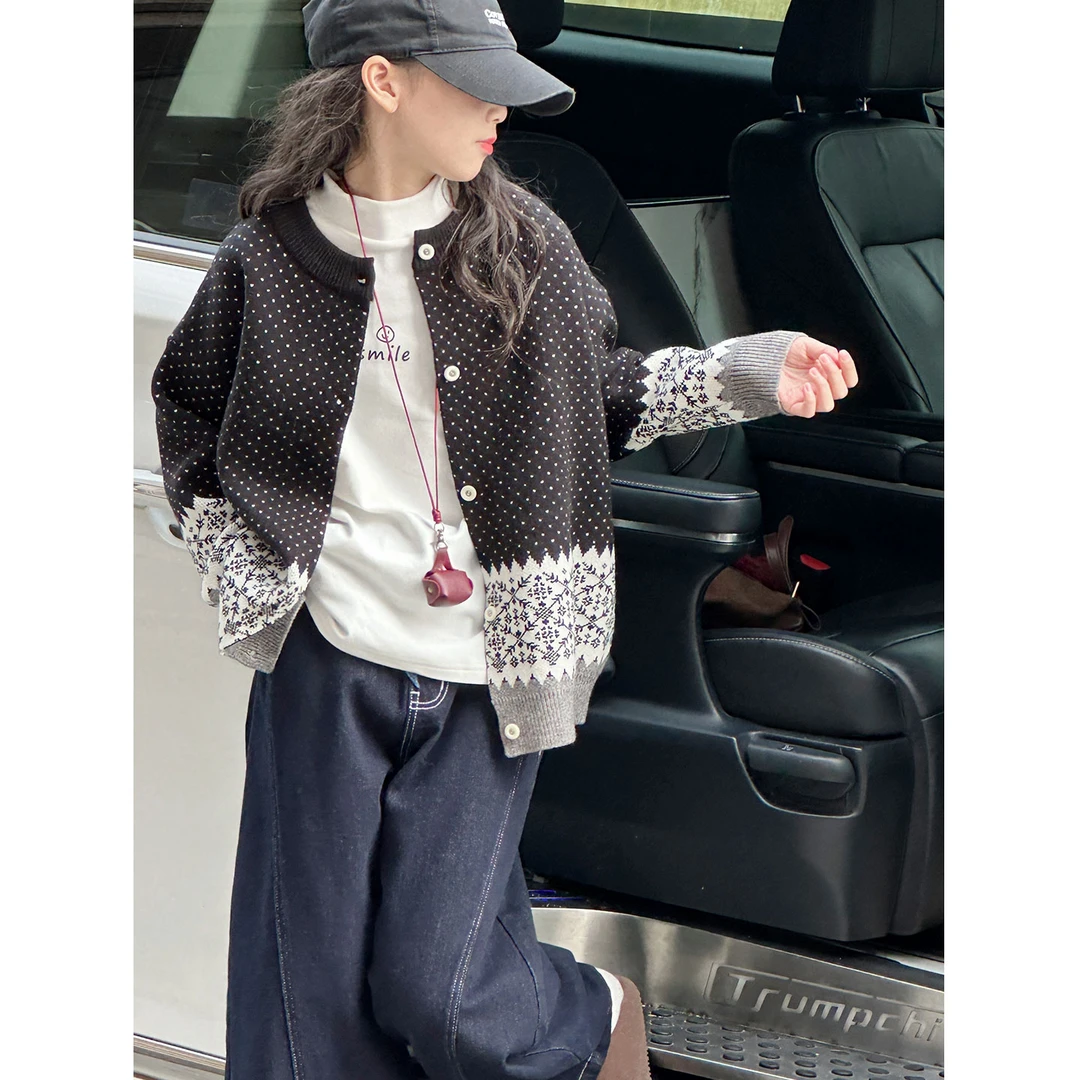 K29651孙小美复古碎花女童秋冬毛衣开衫2025新款儿童外套大童上衣