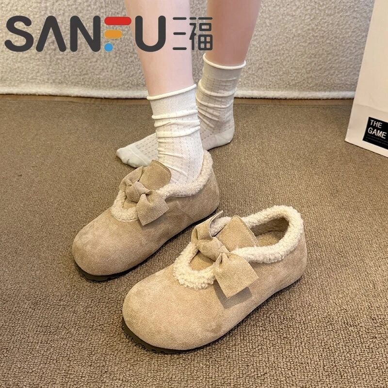 三福白色复古厚底全包勃肯鞋女2025新款秋冬保暖加绒加厚棉鞋