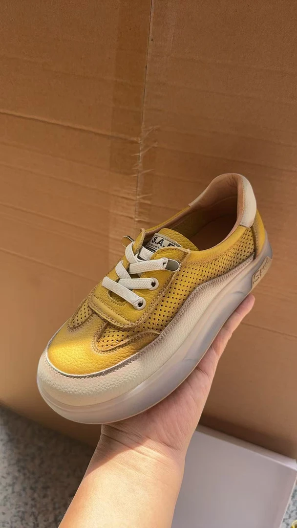 2025春季新款手工真皮圆头英系带平跟休闲厚底打孔透气单鞋百搭