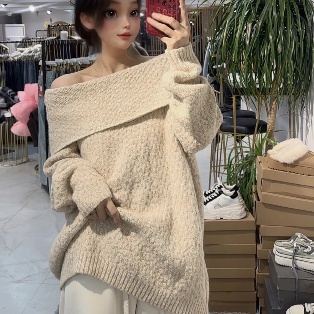 秋冬时尚一字肩百搭针织衫女慵懒风显气质