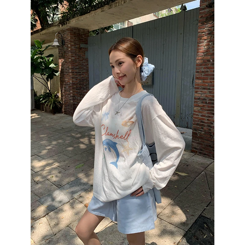 宋正恩白色海豚印花防晒长袖t恤女宽松慵懒休闲罩衫上衣ST1396