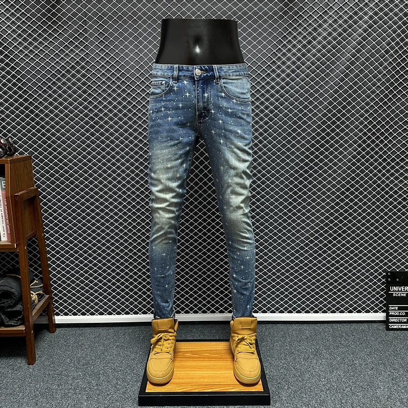 秋冬男款牛仔裤修身小脚休闲长裤弹力水洗时尚印花痞帅潮流男裤子
