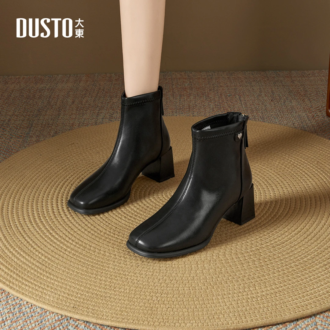 大东粗高跟女靴法式气质显瘦增高黑色皮靴2025秋季新款女鞋1019
