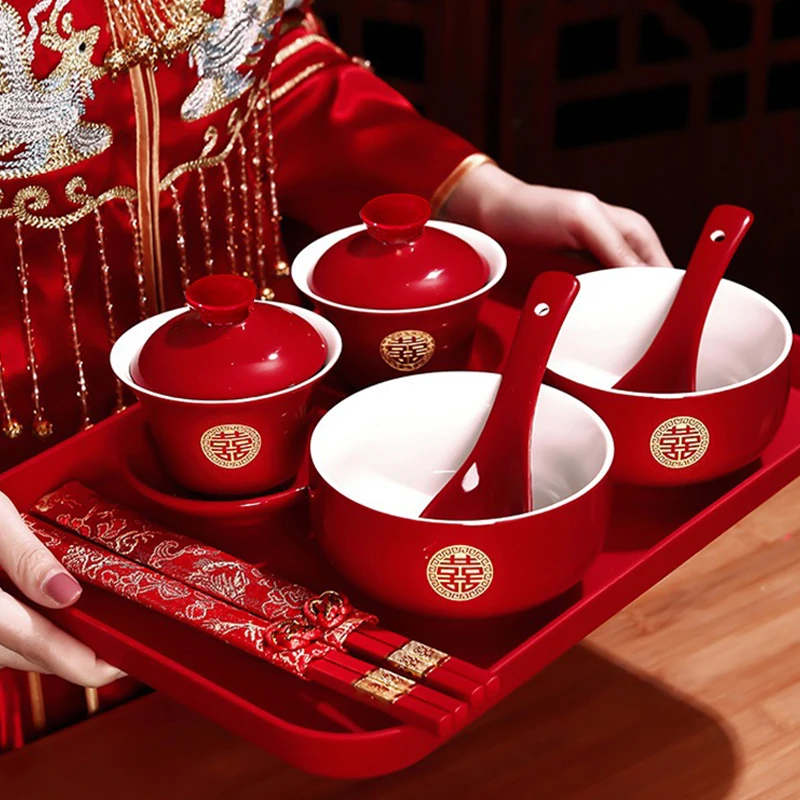 结婚敬茶杯红色陶瓷喜碗改口杯新人陪嫁婚庆喜茶具套装中式喜庆