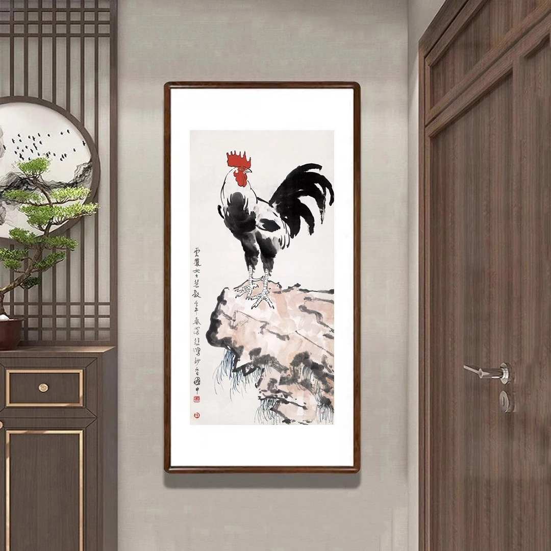 鸡鸣富贵图大公鸡挂画水墨国画新中式客厅玄关装饰画餐厅吉祥壁画