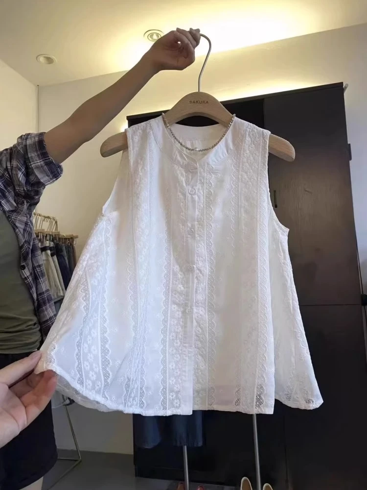 蕾丝拼接刺绣白色无袖背心衬衫女夏季宽松减龄小个子娃娃衫上衣潮