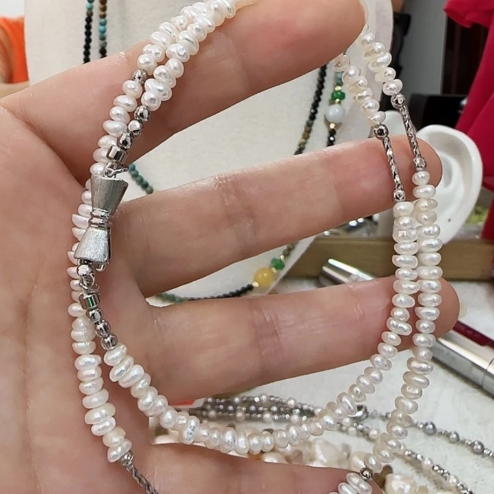 未镶嵌颈饰淡水珍珠白亮的叠打款式链有纹