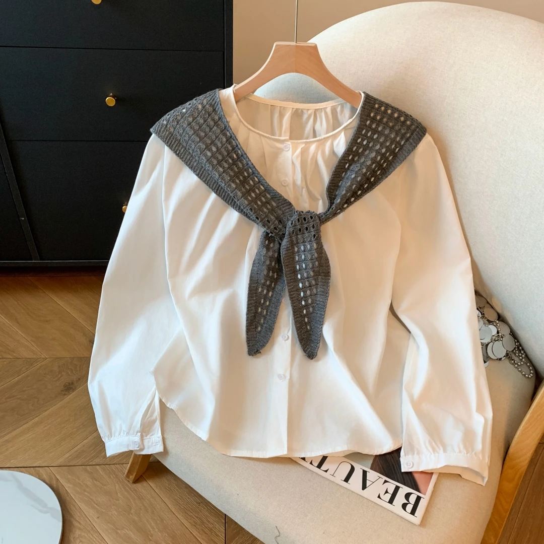 秋季新款韩版减龄休闲长袖圆领百褶衬衣+百搭针织披肩套装