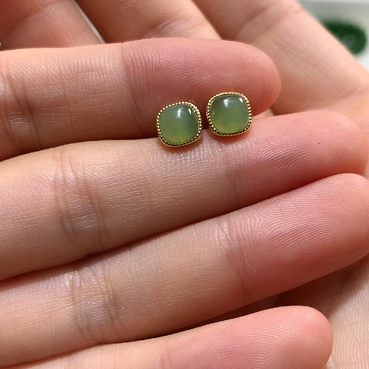 银S925镀金镶嵌和田玉（碧玉）耳饰