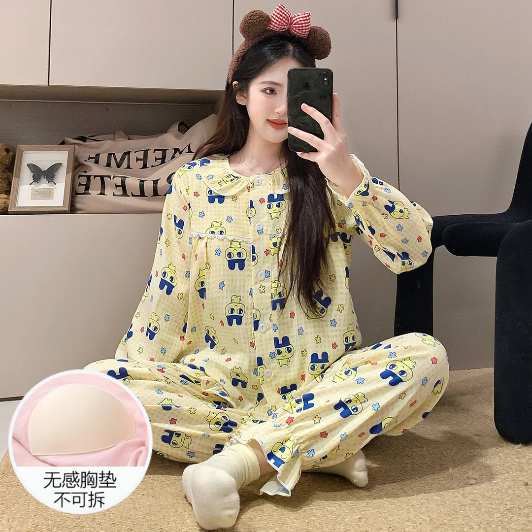 云朵棉睡衣女秋冬季长袖大码带胸垫2025新款可外穿冬天套装家居服