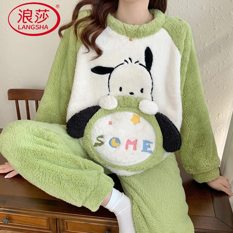 浪莎撞色插肩珊瑚绒睡衣女秋冬季加厚卡通可爱2025新款法兰绒家居