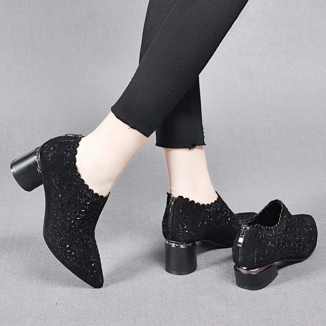 新款单鞋深口鞋满钻舒适百搭粗跟时尚春秋中跟夏季真皮软底春季