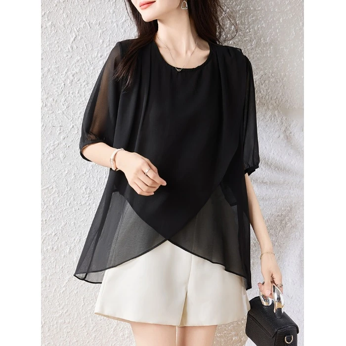 圆领雪纺短袖衬衫2025新款洋气小衫时尚减龄宽松遮肉显瘦舒适上衣