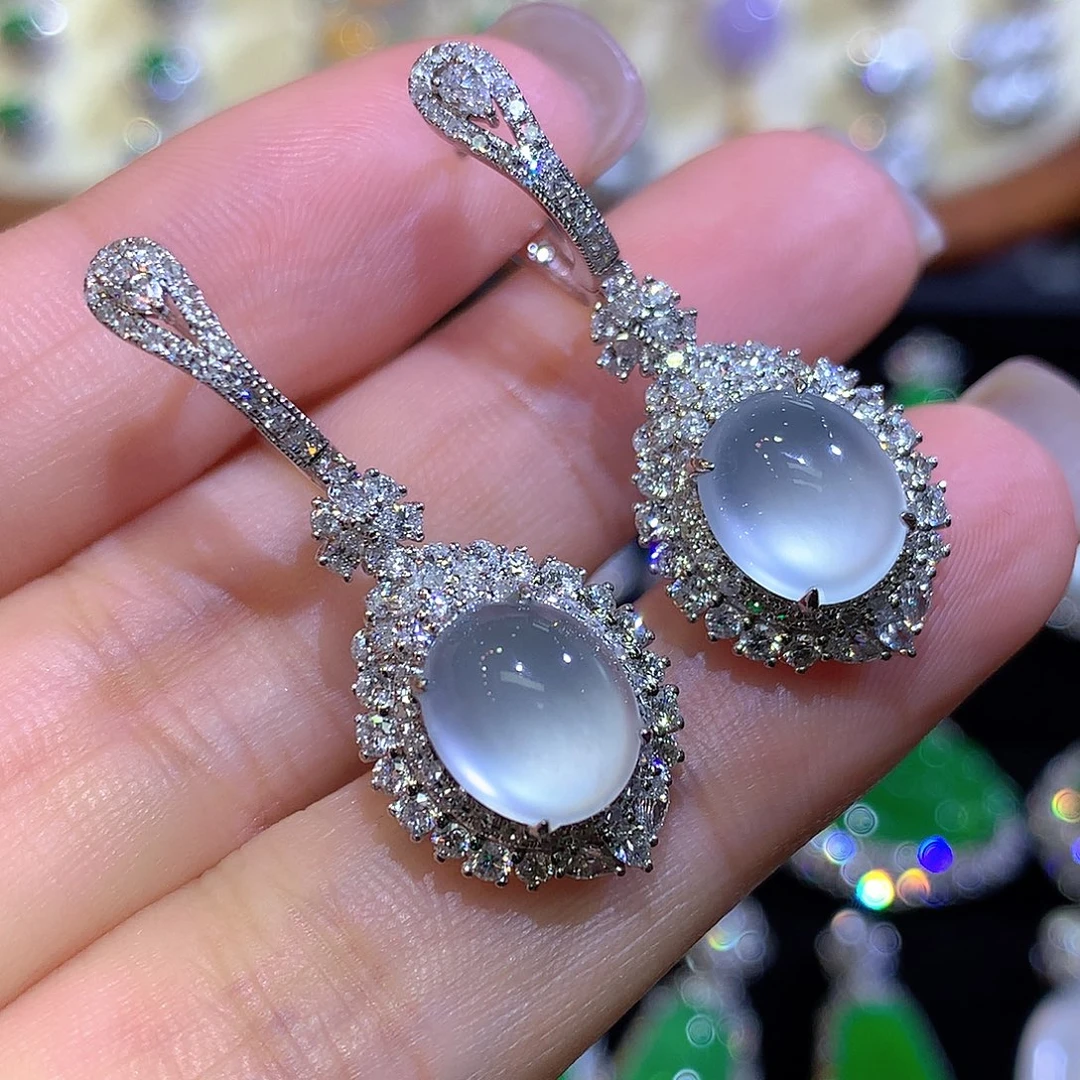 翡翠18K金镶嵌耳饰高冰波双眼皮蛋面