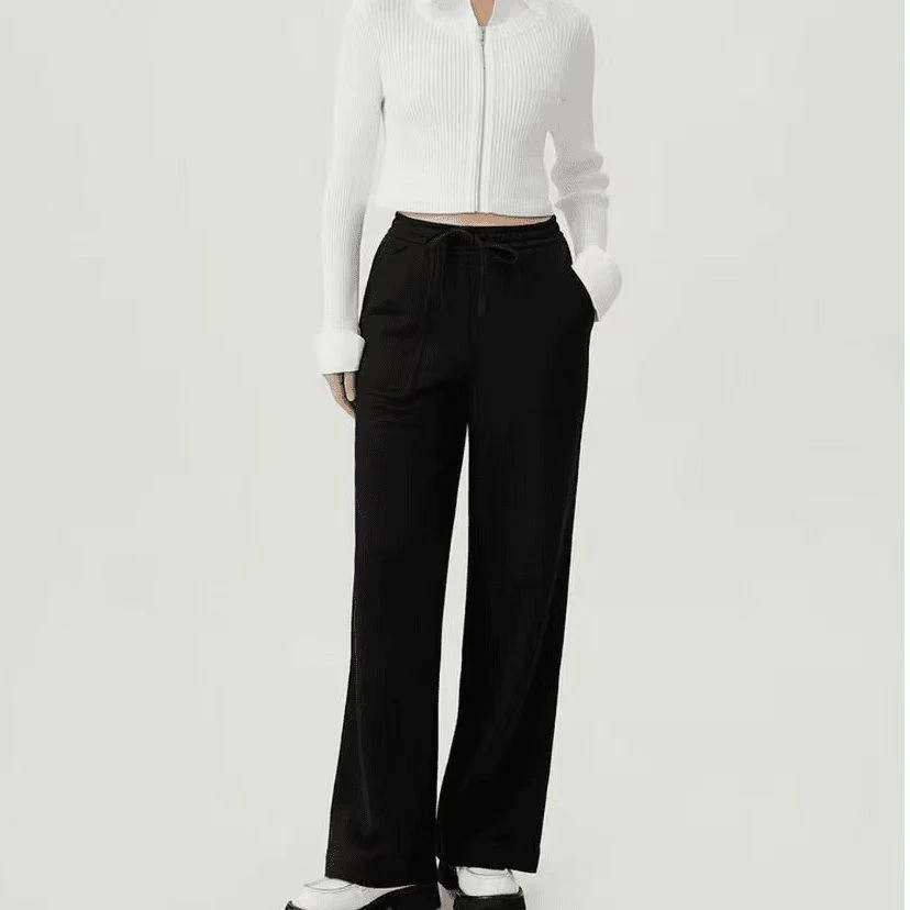 阿玛施AMASS秋季时尚纯色百搭松紧腰高腰垂感直筒运动裤5100386