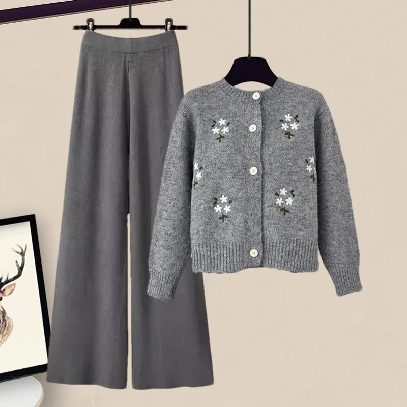 温柔风秋冬穿搭一整套女装时尚复古减龄针织衫高腰显瘦阔腿裤套装