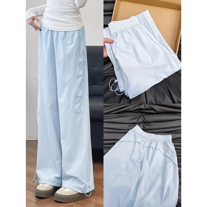 蓝色速干工装裤女夏季薄款2025新款直筒小个子休闲宽松阔腿运动裤