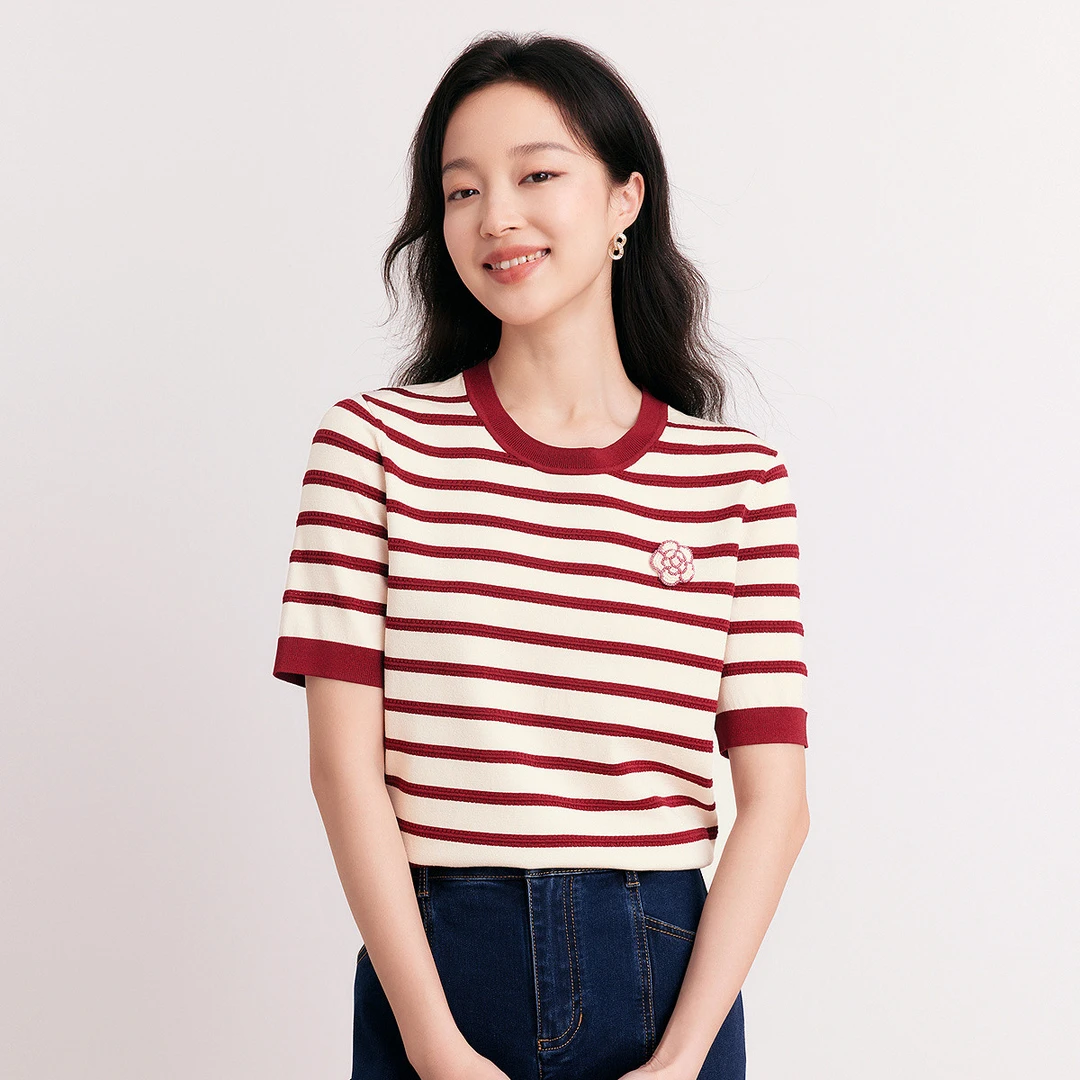 【晨粉专享价】冰丝条纹针织衫女春短袖气质白色t恤上衣女