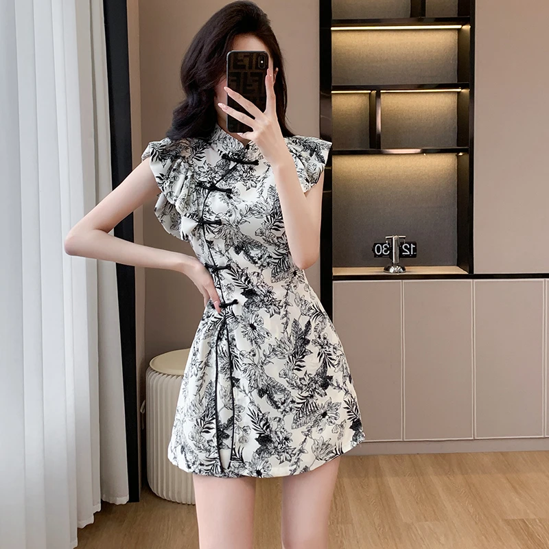 夏季爆款小个子国潮改良旗袍套装新中式印花盘扣上衣短裤两件套装
