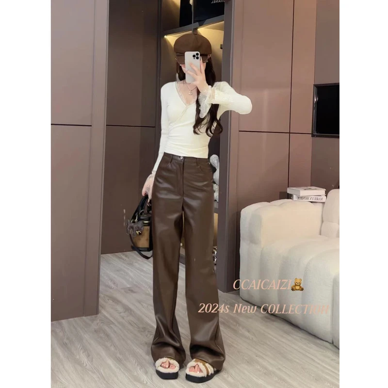 CCA014 【女团腿】经典高腰软滑直筒显瘦皮裤 （有薄绒）（录）
