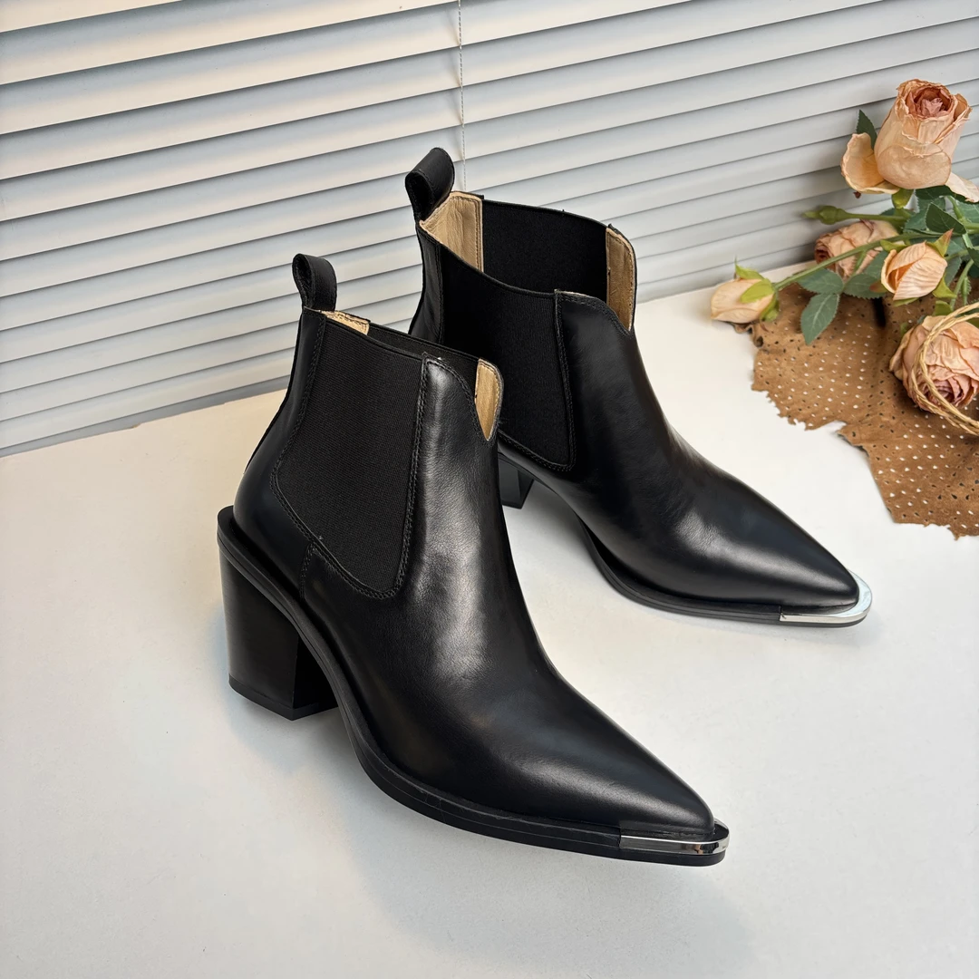 MUMANI/牧玛尼切尔西靴女粗跟新款短靴欧美尖头V口高跟裸靴S110