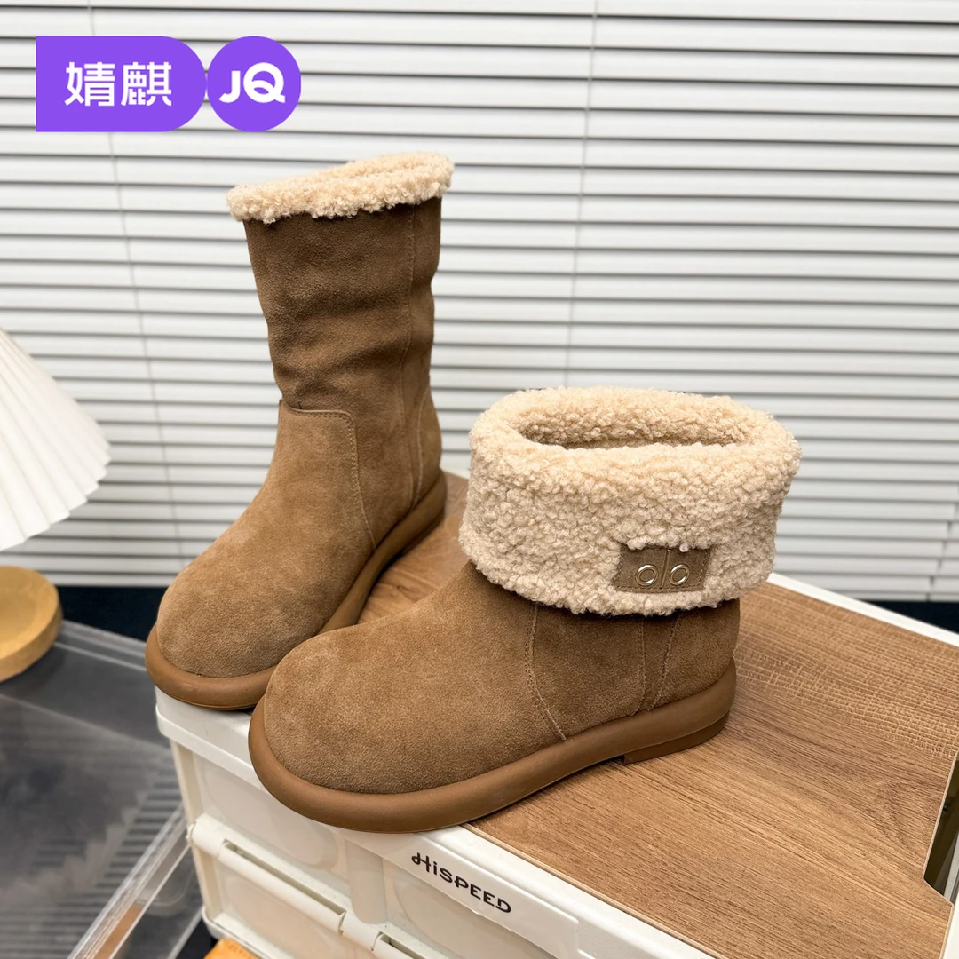 婧麒雪地靴女2025新款冬季可翻折两穿平底加绒加厚短靴美拉德棉鞋