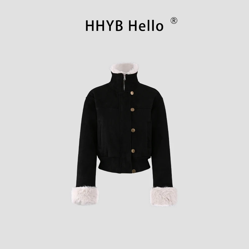 HHYB Hello麂皮绒感短款修身加厚夹克领计感立领毛边外套Q252102