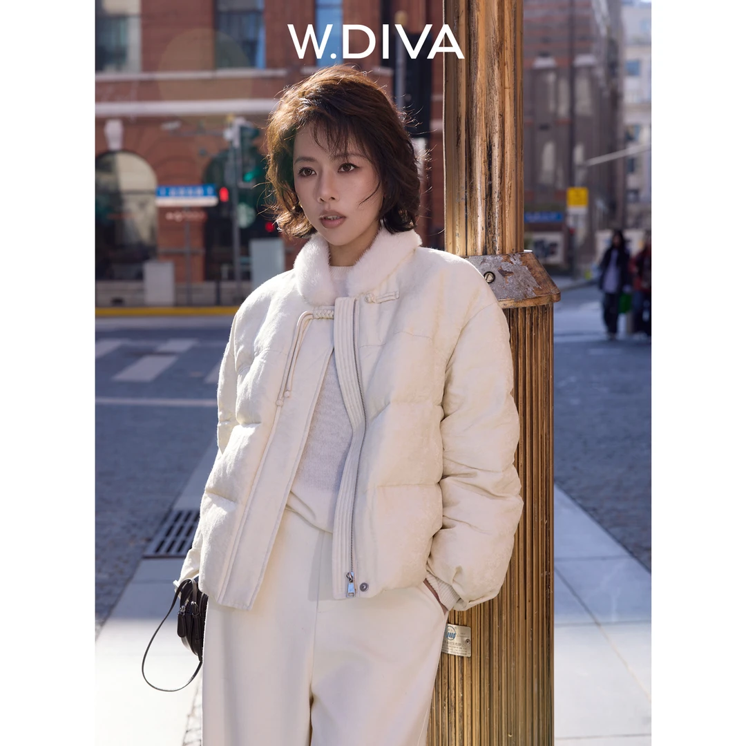 W.Diva【月白】芬兰进口水貂毛领国风盘扣羊毛鹅绒羽绒服DWZWYD0325