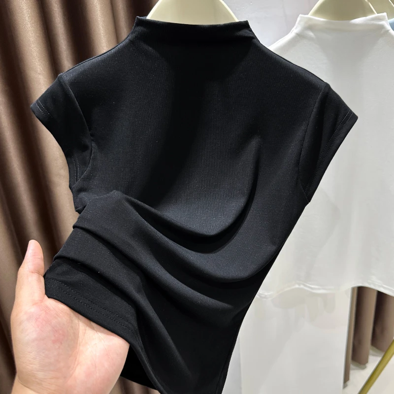 气质半高领莱赛尔短袖t恤女秋季内搭修身打底衫通勤百搭黑色上衣
