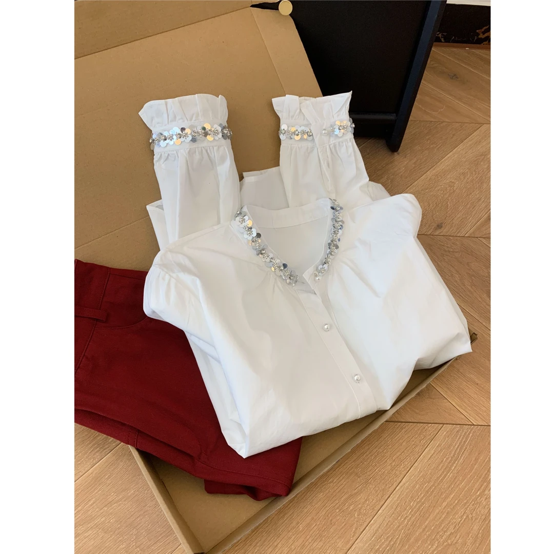 法式亮片褶皱拼接独特漂亮长袖白衬衫女款外穿高级感女士气质上衣