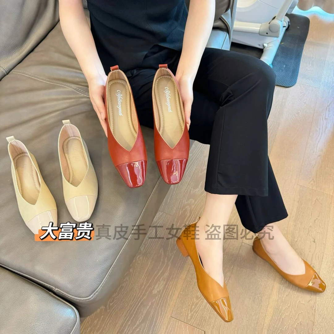 小孟春秋新款软皮软底休闲女鞋拼接低跟粗跟方头奶奶鞋真皮鞋
