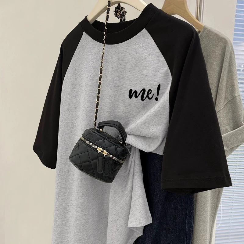 撞色插肩美式复古t恤短袖女棉 2025春夏新款宽松遮肚女款上衣灰色