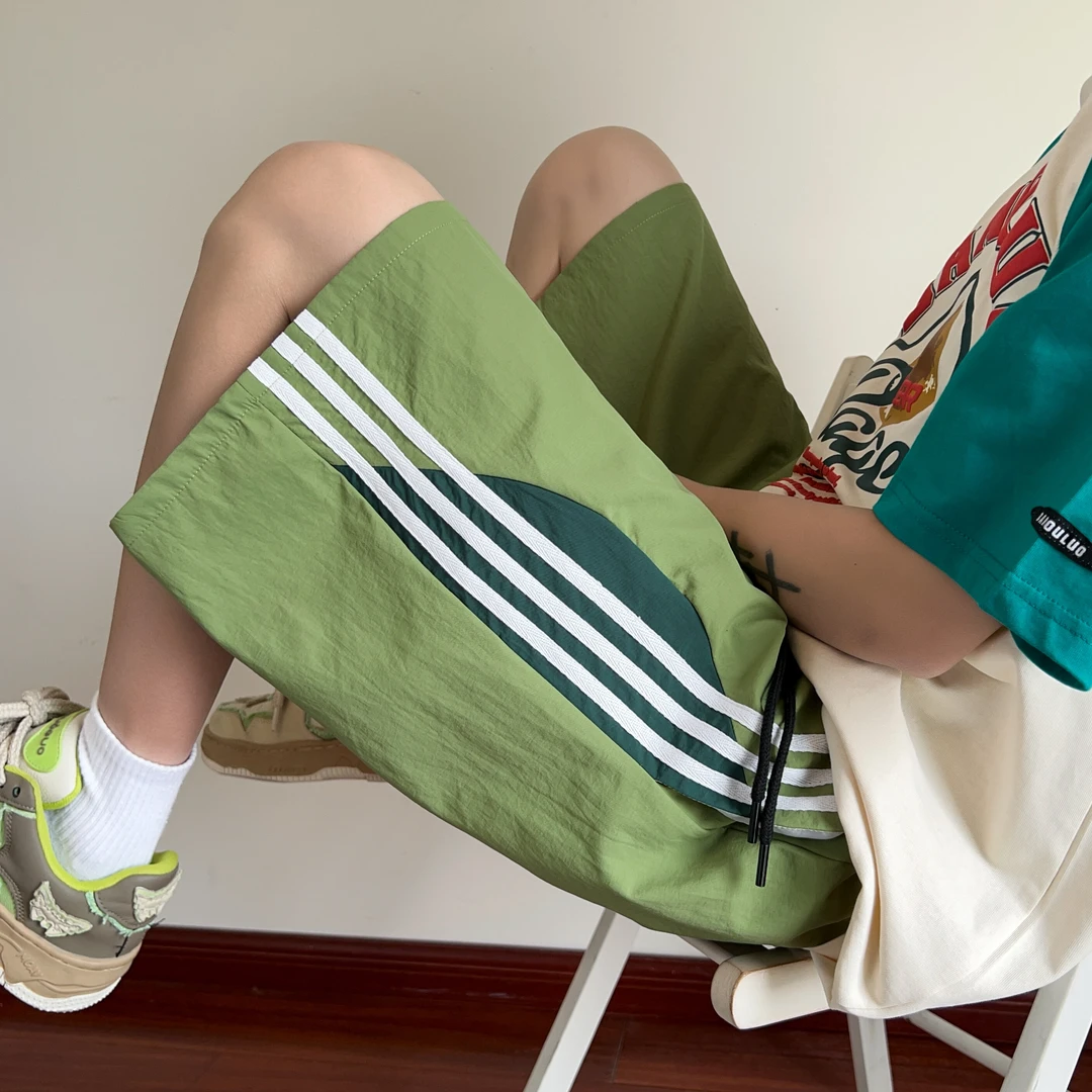 条纹撞色运动短裤男夏季薄款宽松直筒五分裤潮牌美式速干休闲中裤