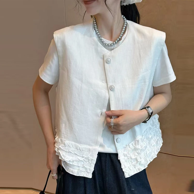 欧洲站棉麻料背心马甲女2025春夏新款木耳花边拼接无袖坎肩外套