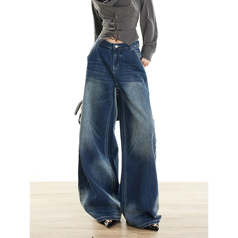 POYZ复古深蓝纹理抓须折痕水洗牛仔裤女宽松显瘦阔腿设计感拖地裤