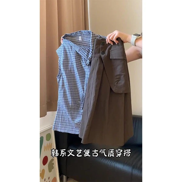 简约慵懒松弛感～格子小众气质蝴蝶结衬衫女2025夏季高腰时尚裙子