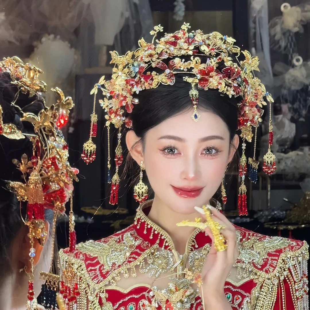 水舞U2252中式红色古风宫廷新娘凤冠复古步摇金色大气新娘头饰