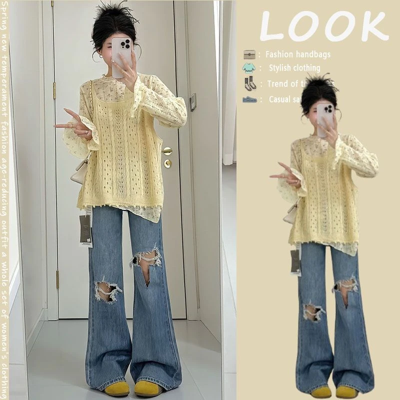 春季温柔系穿搭女2025新款韩版高级设计感上衣高腰显瘦裤子两件套