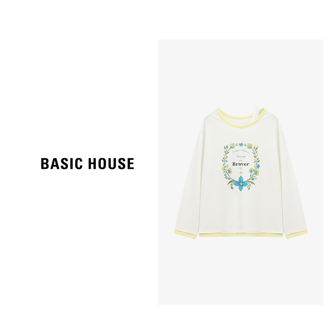 Basic House/百家好时尚休闲风撞色圆领套头长袖T恤女B0625B5FCF2