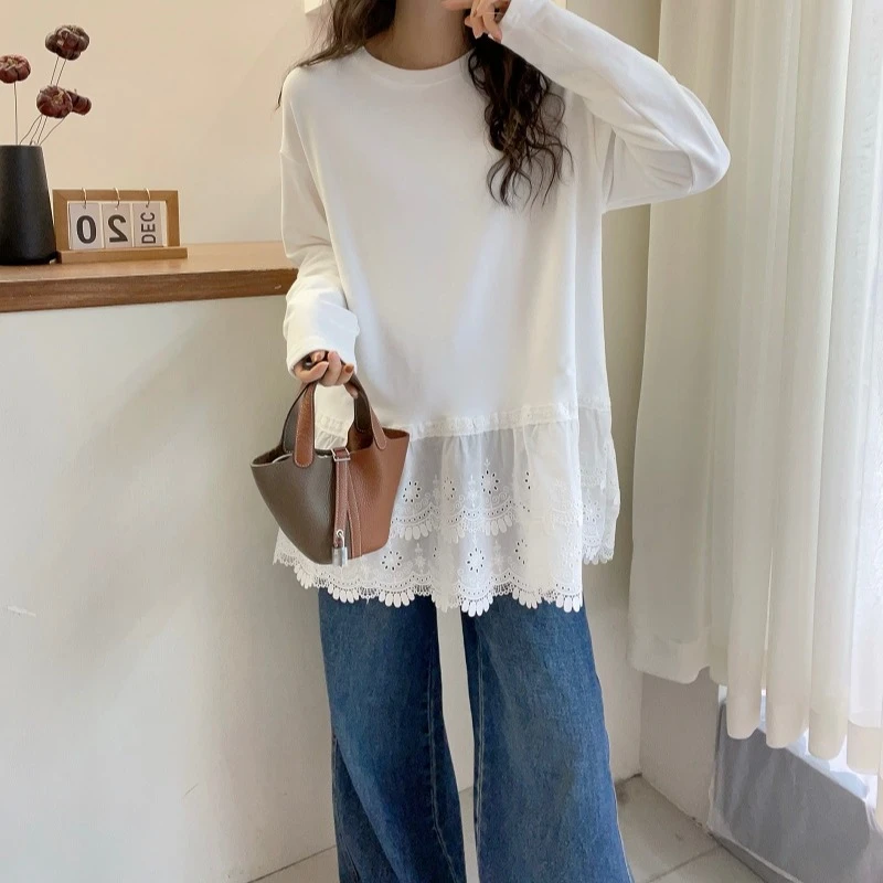 欧洲站洋气大码拼接蕾丝下摆长袖T恤春秋时尚德绒内搭打底衫白色