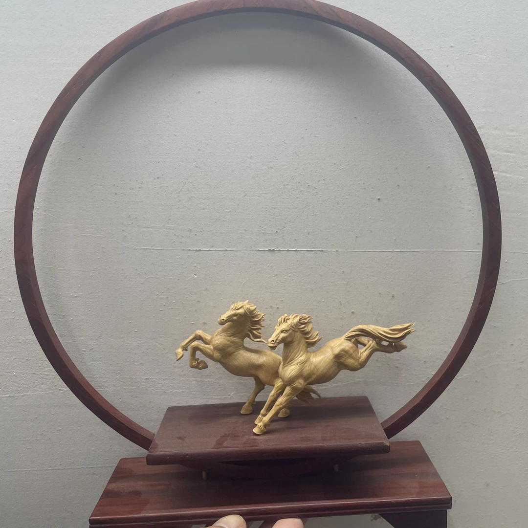 黄杨木雕《马到成功》，纯手工雕刻，小叶黄杨，高27公分宽25公分