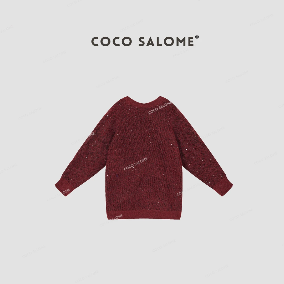 韩彬彬CS"新年好"600g重磅羊毛V领亮片花苞袖红色毛衣0841-(10)