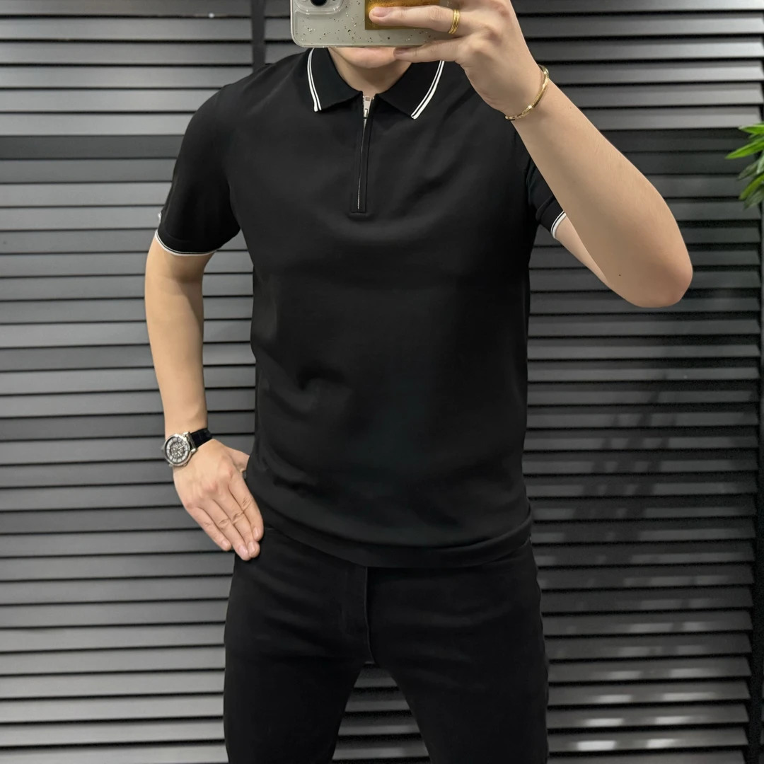 条纹撞色拉链翻领t恤男2025春夏凉感亲肤针织短袖