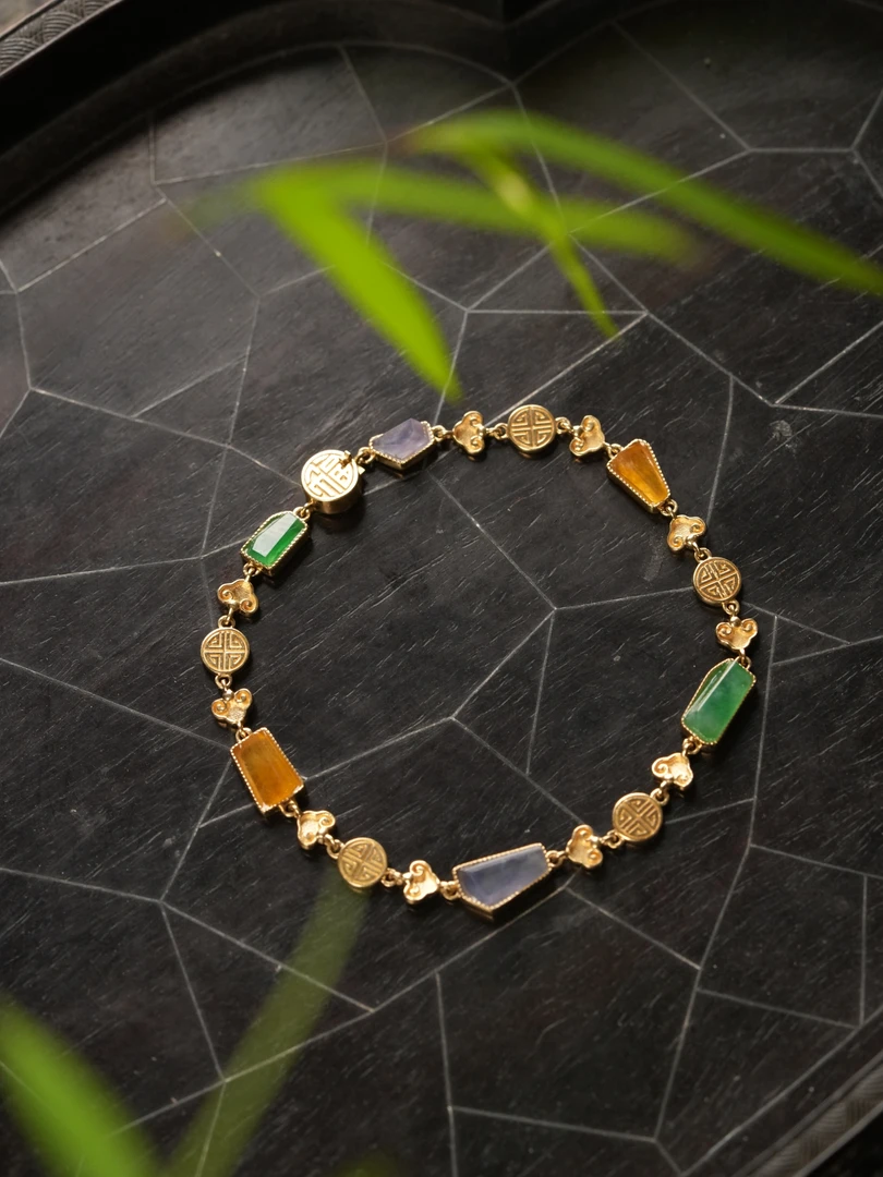 【锦瑟】冰种多彩翡翠团寿如意怀旧手链18k设计镶嵌