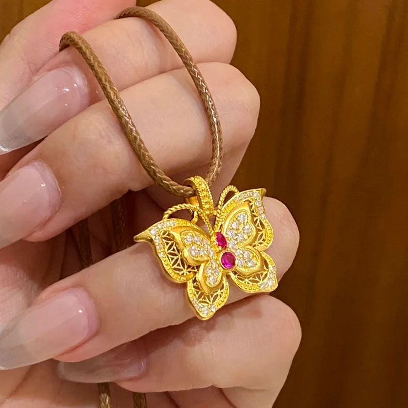 足金999花丝玲珑花蝶黄金吊坠复古宫廷风镂空蝴蝶挂坠项链女计价