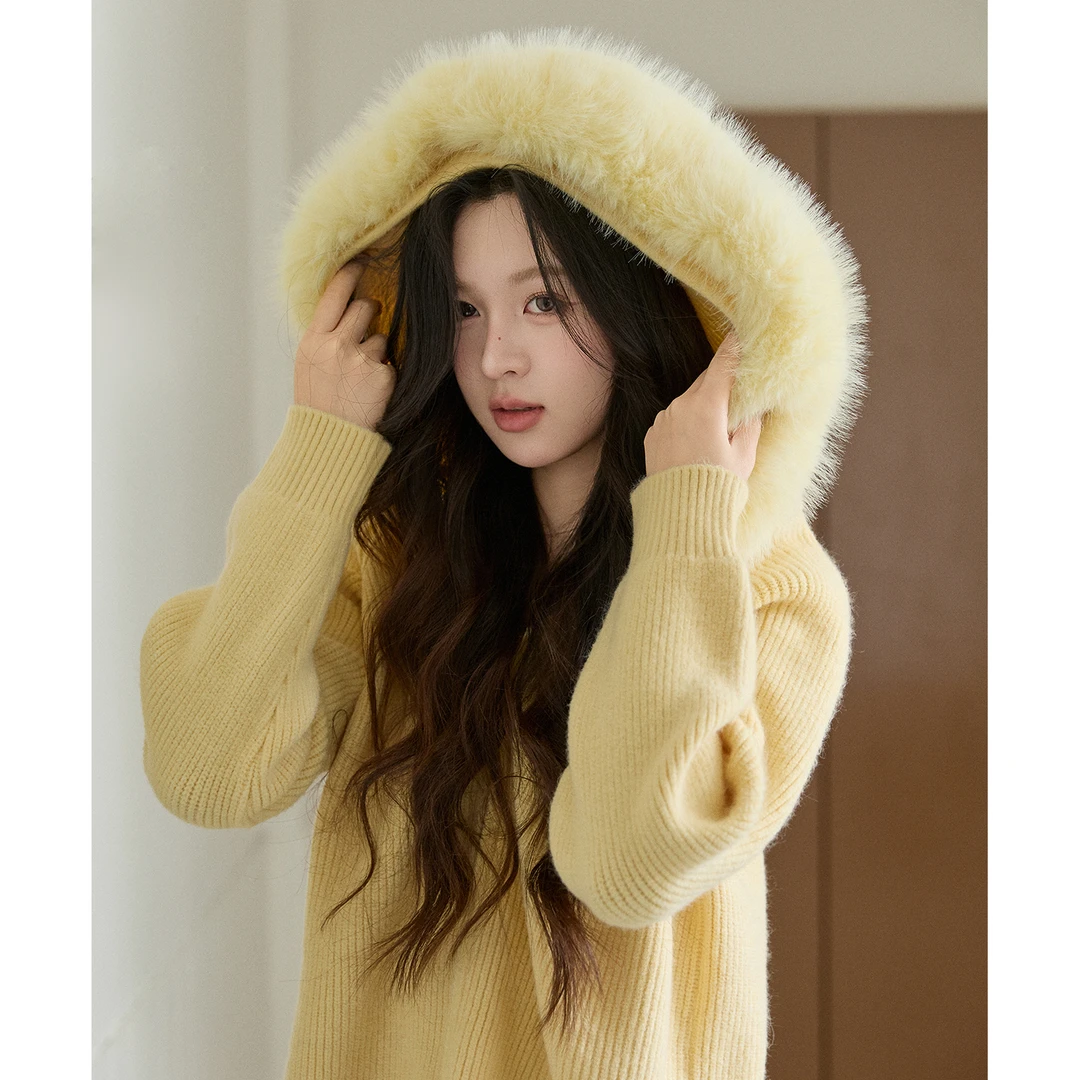 谜秀新品奶酪黄连帽毛领毛衣女冬毛领可拆卸拉链针织衫百搭宽松