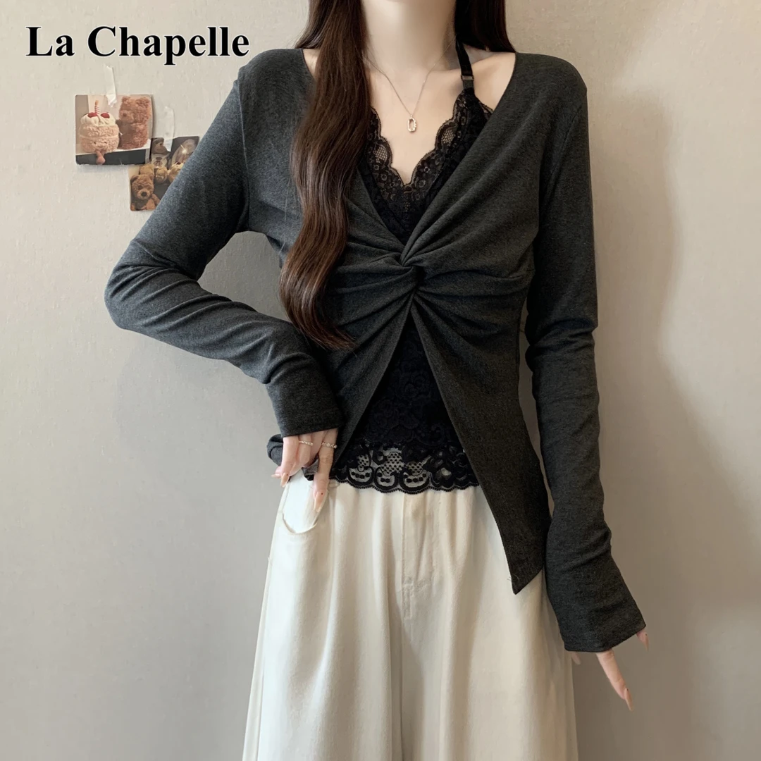 拉夏贝尔胖MM设计感蕾丝两件套长袖针织衫女秋季修身显瘦大码上衣